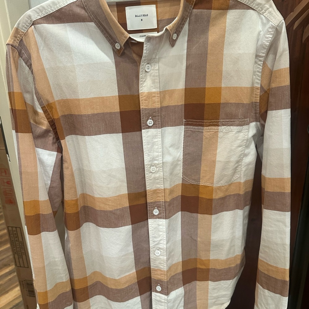 Billy Reid Orange, Rust, and Cream Checkered Men's Shirt